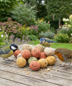Vogels eten vetbollen op houten tafel in tuin.