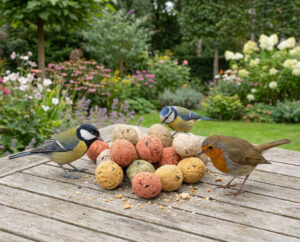 Vogels eten vetbollen op houten tafel in tuin.