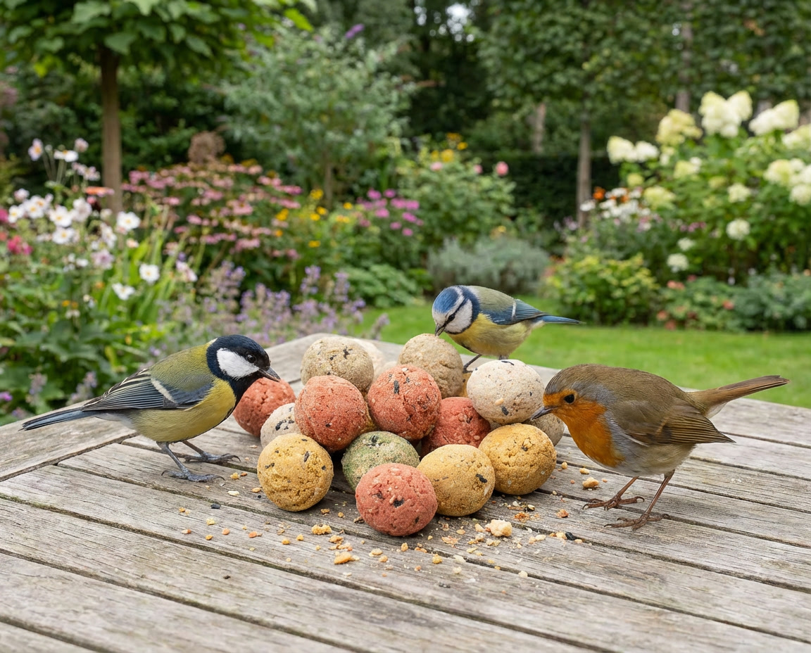 Vogels eten vetbollen op houten tafel in tuin.