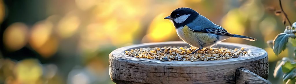 Koolmees op voederbak met zaden, herfstkleurige achtergrond.