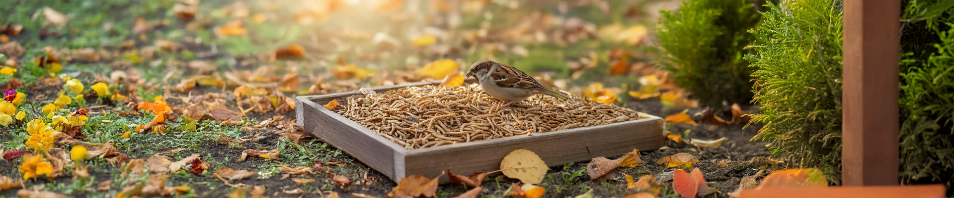 Mus eet meelwormen uit voederplateau in herfsttuin.
