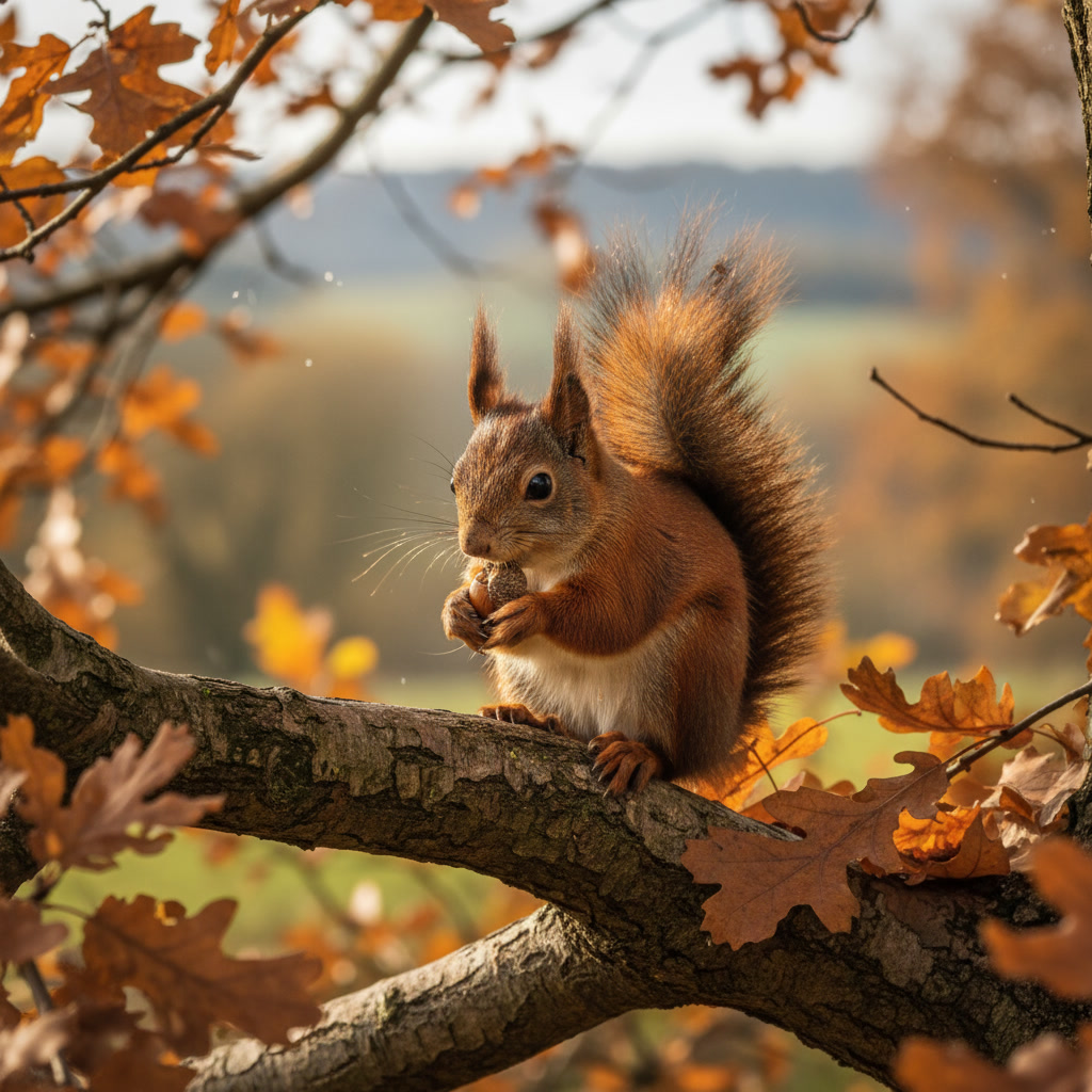 Eekhoorn eet eikel op boomtak in herfst.