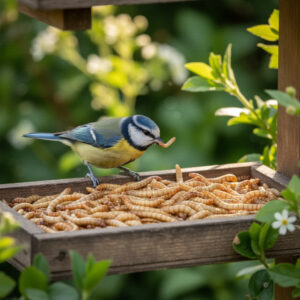 Vogel eet meelwormen op voederplatform.