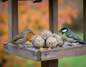Twee vogels eten vetbollen op een voederplank.