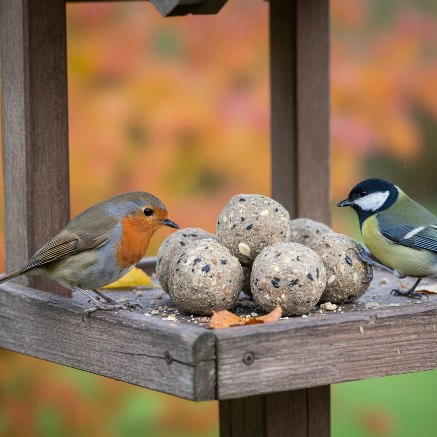 Twee vogels bij vetbollen op voederplank in herfst.
