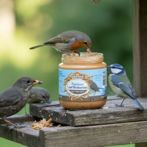 Vogels eten uit pindakaaspot op voederplank.