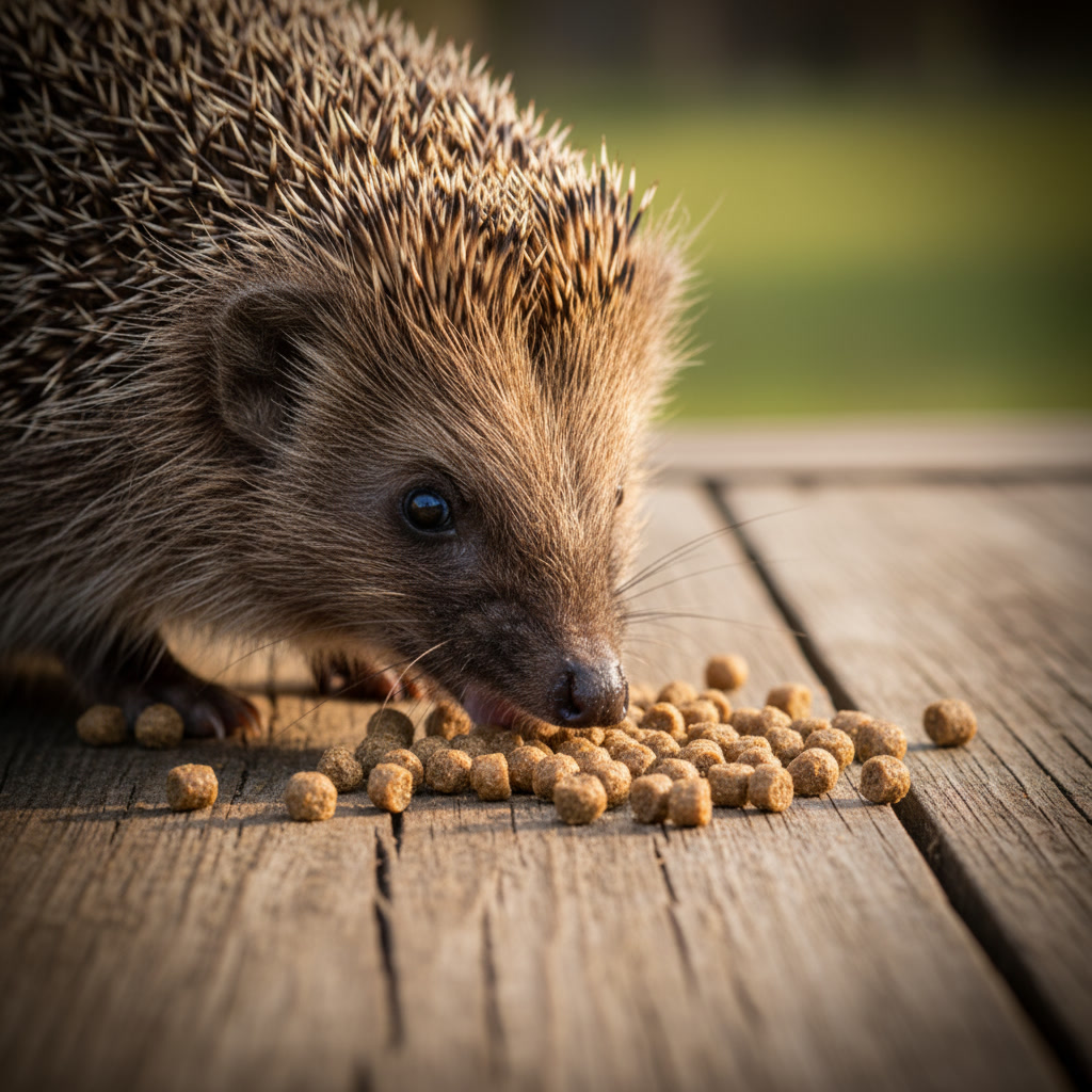 Egel eet voer op houten tafel