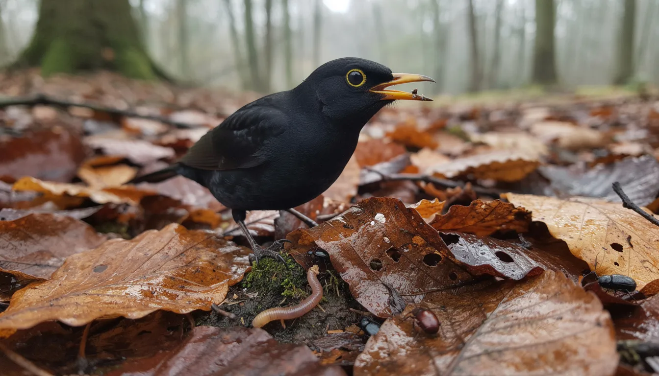Een volwassen merel, herkenbaar aan zijn zwarte verenkleed en lichte borst, zoekt tussen rottende bladeren naar insecten en wormen. Deze beschermde inheemse vogelsoort is een veelvoorkomende broedvogel in de groene buitenwijken van Nederland.
