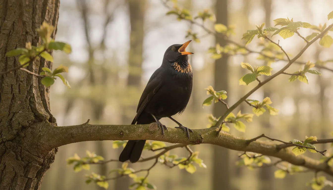 Een volwassen mannelijke merel zingt luid vanaf een hoge plek in een boom, omringd door groene bladeren. Deze beschermde inheemse vogelsoort, bekend om zijn zwarte verenkleed en lichte borst, is een van de talrijkste broedvogels in Nederland.