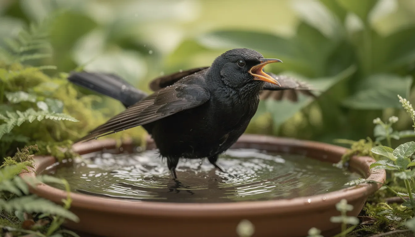 Een volwassen mannelijke merel in een ondiepe waterschaal, omringd door groene planten en bladeren. Deze beschermde inheemse vogelsoort is een veelvoorkomende verschijning in de Nederlandse buitenwijken, waar hij vaak voedsel zoekt en zich vermaakt.