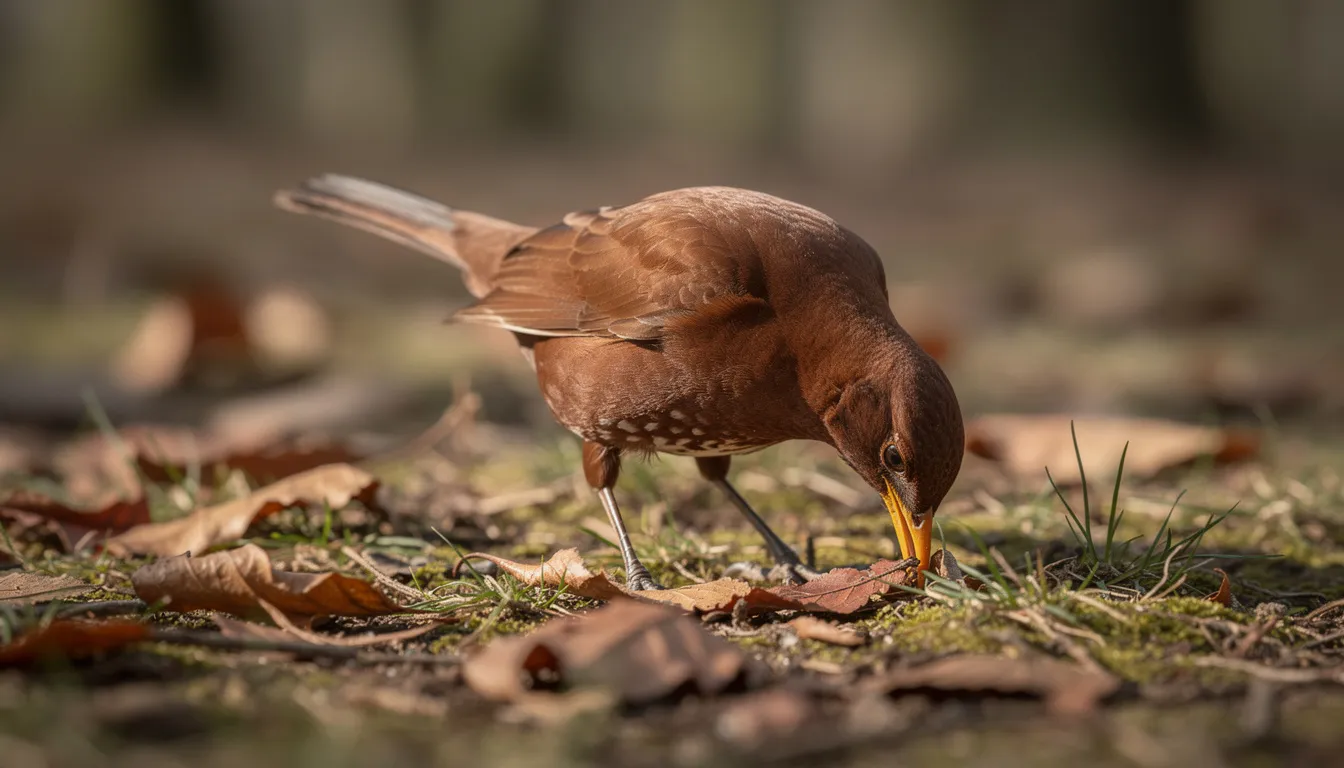 Een vrouwelijke merel met een bruin verenkleed zoekt naar voedsel op de grond, omringd door droog gras en rottende bladeren in een groene buitenwijk. Deze beschermde inheemse vogelsoort, bekend als turdus merula, is een van de talrijkste broedvogels in Nederland.