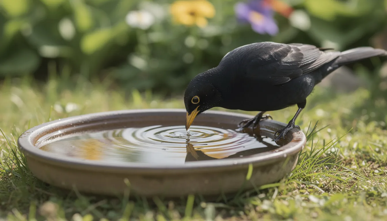 Een volwassen merel drinkt uit een ondiepe waterschaal in een groene tuin, omringd door droog gras en lage bomen. Deze beschermde inheemse vogelsoort is een van de bekendste vogels in Nederland en komt vaak voor in menselijke omgevingen.