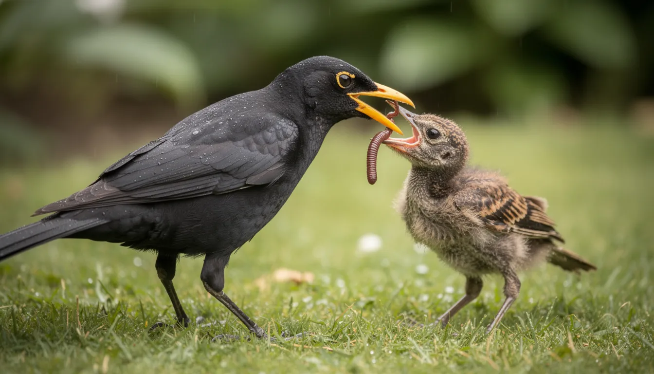 Een volwassen merel voedt een jonge merel met een regenworm, terwijl ze zich bevinden in een groene buitenwijk omringd door lage bomen en struiken. Deze beschermde inheemse vogelsoort, bekend om zijn zwarte verenkleed en lichte borst, is een van de talrijkste broedvogels in Nederland.