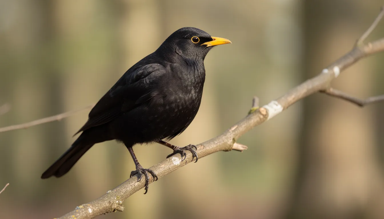 Een volwassen mannelijke merel met een zwart verenkleed en een felgele snavel zit op een tak, omringd door groene bladeren. Deze bekende inheemse vogelsoort, die vaak in de Nederlandse buitenwijken voorkomt, is een van de talrijkste broedvogels in Europa.