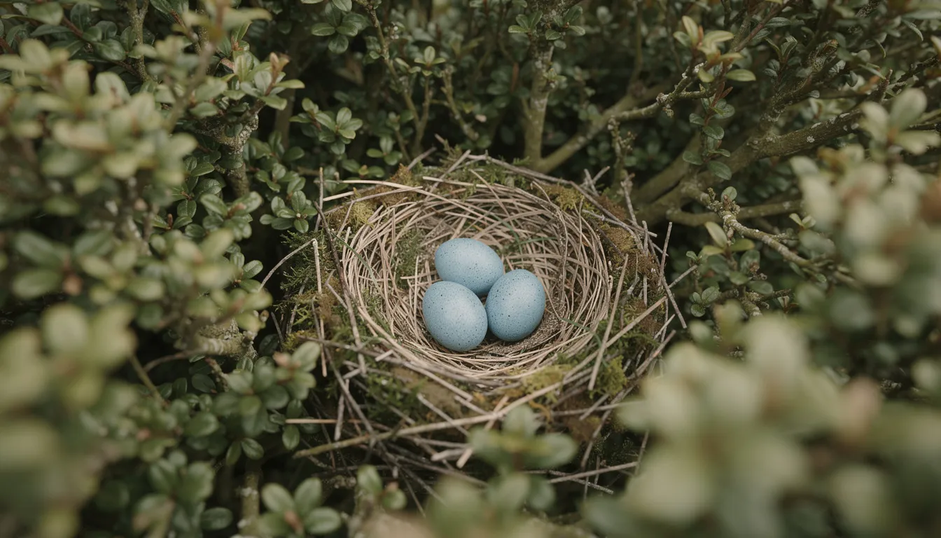 Een nest van een merel, een beschermde inheemse vogelsoort, is gebouwd in een dichte haag en bevat drie blauwe eieren. Het vrouwtje broedt op deze eieren, terwijl de volwassen mannelijke merel in de buurt blijft om te zorgen voor bescherming.