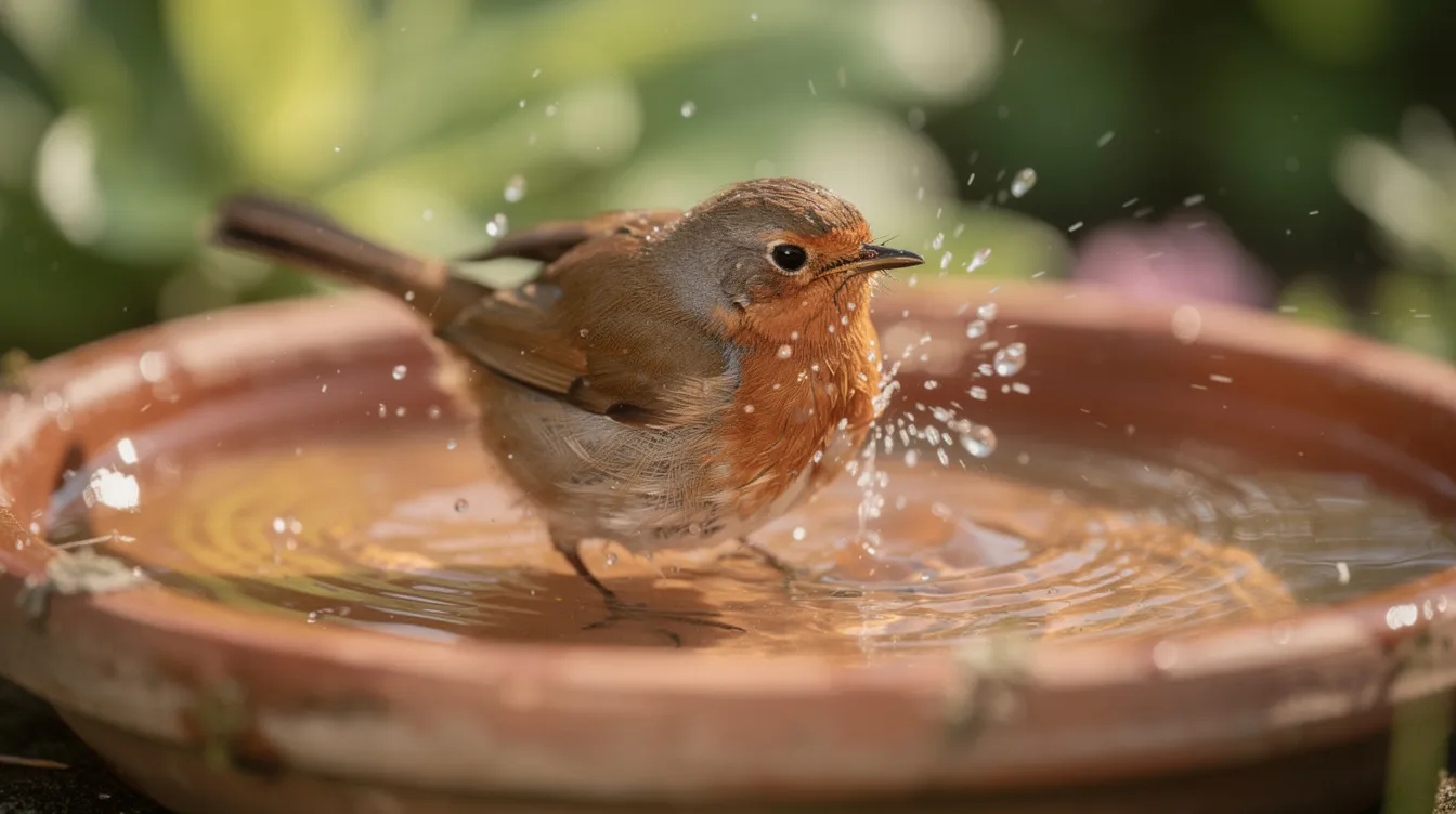 Een roodborstje is aan het badderen in een ondiepe terracotta waterschaal, omringd door groene planten in de tuin. Dit kleine tuinvogeltje geniet van het water terwijl het zijn veren opschudt, een prachtig moment van natuur dat je kunt zien in een vogelparadijs.