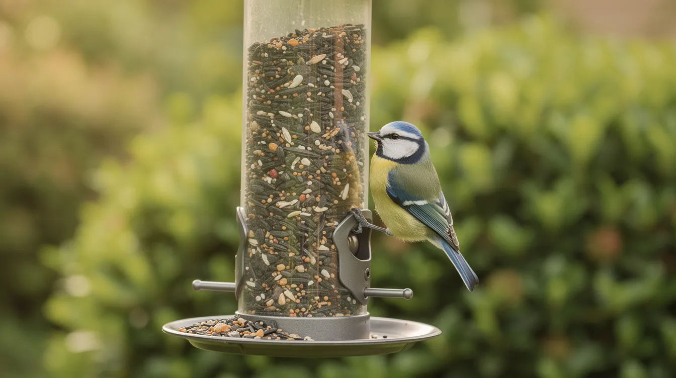 Een koolmees hangt aan een gevulde voedersilo in een groene tuin, terwijl hij zich tegoed doet aan verschillende soorten vogelvoer. De omgeving is levendig met bomen en struiken, wat een ideale plek creëert voor kleine vogels om te voeden en te schuilen.