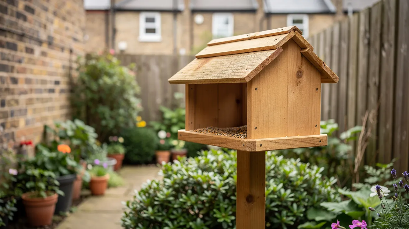 Een houten voederhuisje staat op een paal in een kleine stadstuin, waar verschillende soorten vogelvoer zijn geplaatst om kleine tuinvogels zoals mussen en mezen aan te trekken. De tuin biedt een ideale plek om vogels te voeren en te genieten van hun aanwezigheid.