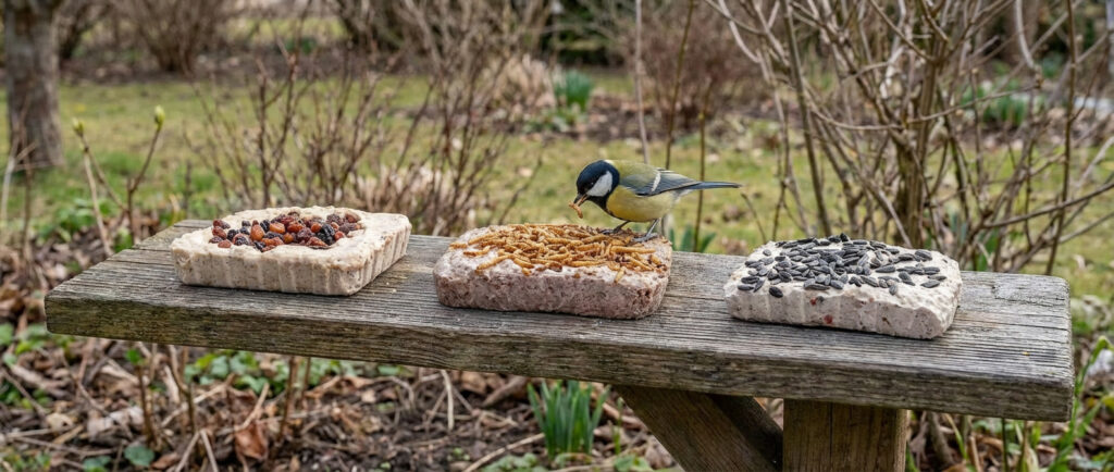 Vogel eet vetblokken op voedertafel