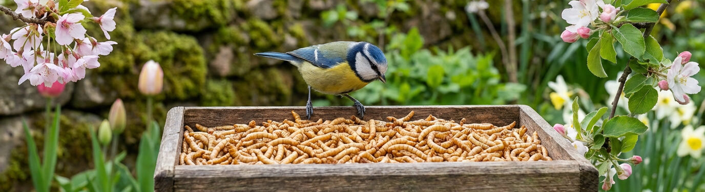 Pimpelmees op voederbak met meelwormen