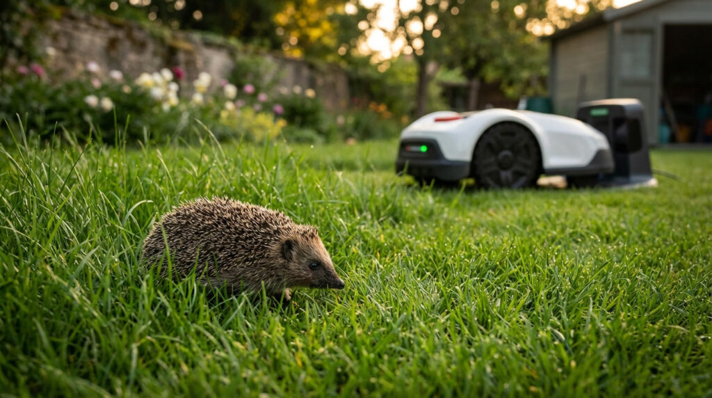 Egel naast robotmaaier in tuin