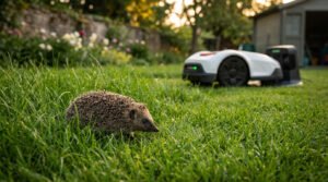 Egel naast robotmaaier in tuin
