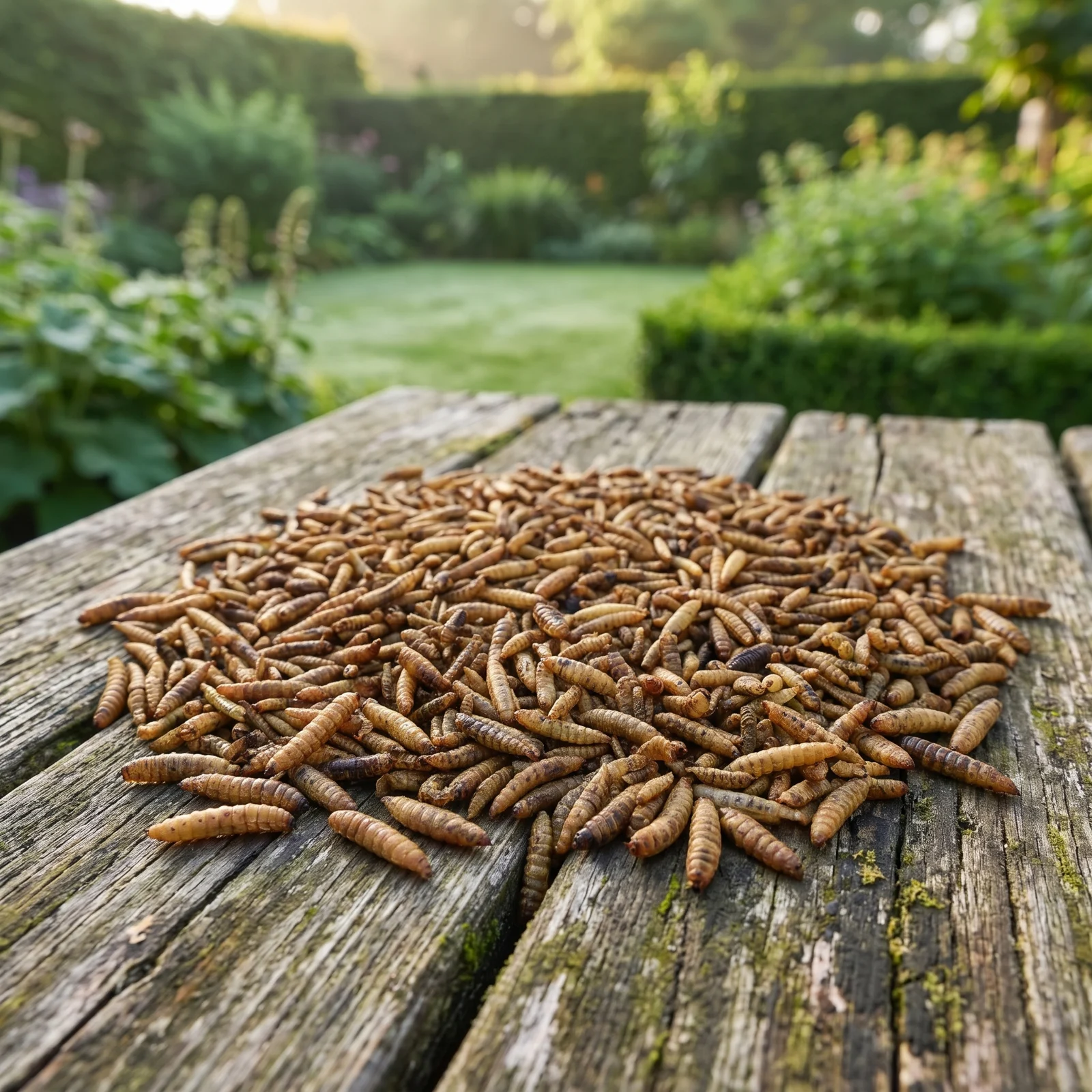 Gedroogde black soldier fly larven op een voedertafel in de tuin – The Bird Family