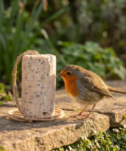 Roodborst eet van energierol meelworm – The Bird Family