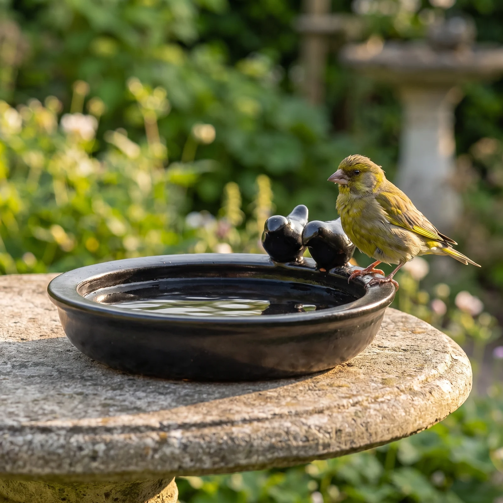 A european greenfinch bij een keramiek vogelbad zwart