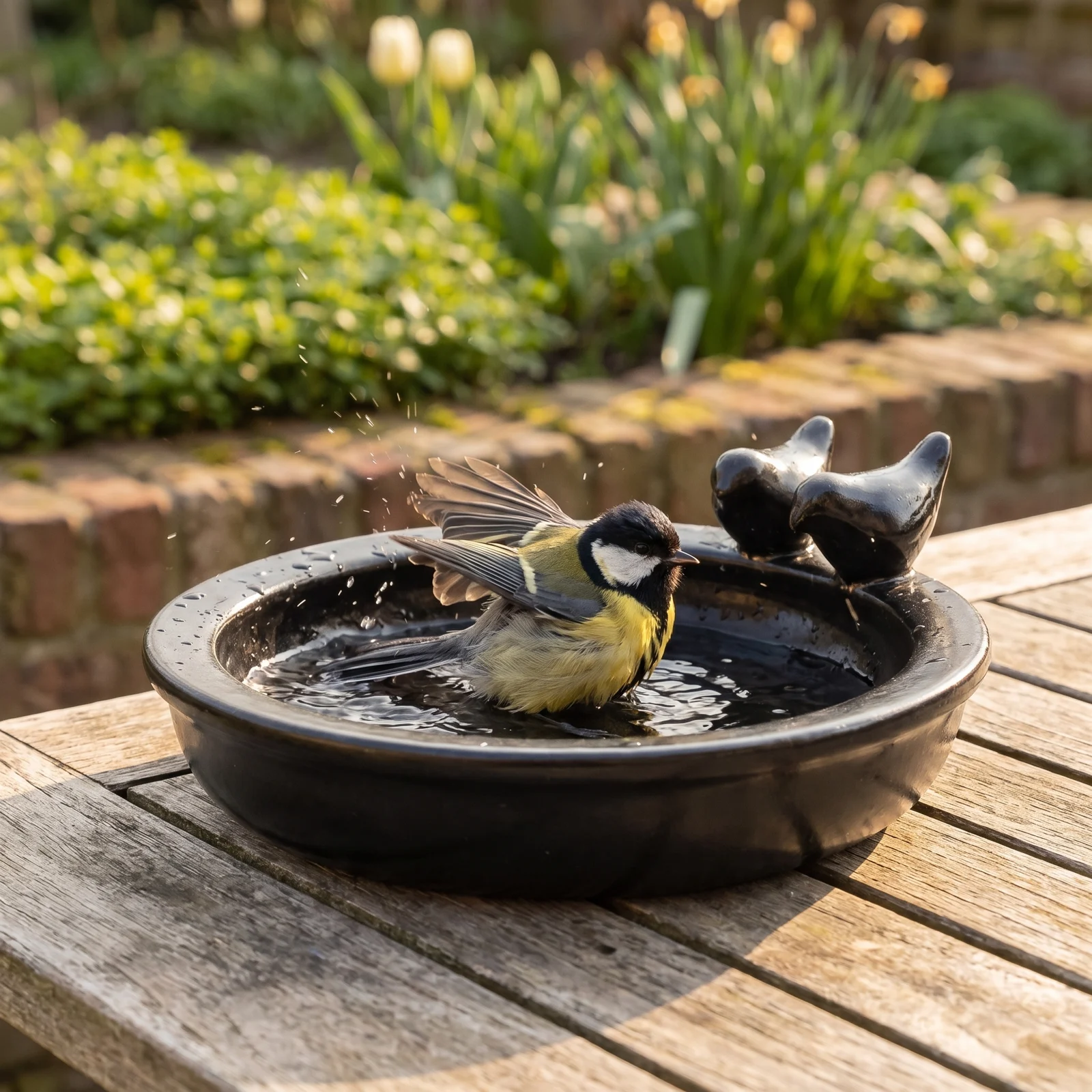 A great tit bij een keramiek vogelbad zwart