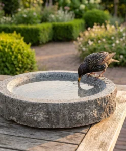 A common starling bij een granieten vogelbad