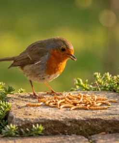 Roodborst eet gedroogde meelwormen – The Bird Family