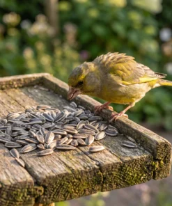 Groenling eet gestreepte zonnebloempitten – The Bird Family