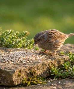 Heggenmus eet gepelde zonnebloempit-stukjes – The Bird Family
