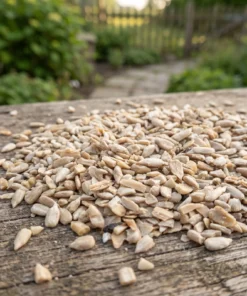 Gepelde zonnebloempit-stukjes op een voedertafel in de tuin – The Bird Family