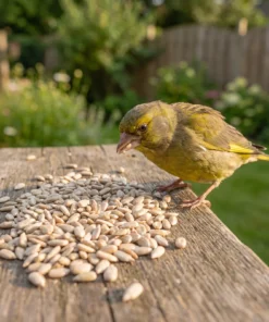 Groenling eet gepelde zonnebloempitten – The Bird Family