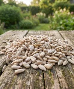 Gepelde zonnebloempitten op een voedertafel in de tuin – The Bird Family