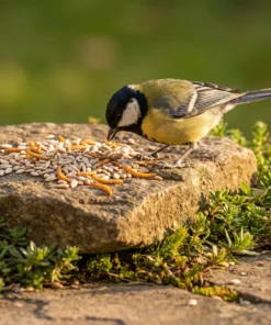 Koolmees eet gepelde zonnebloempitten met meelwormen – The Bird Family