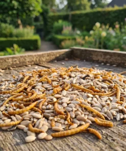 Gepelde zonnebloempitten met meelwormen op een voedertafel in de tuin – The Bird Family