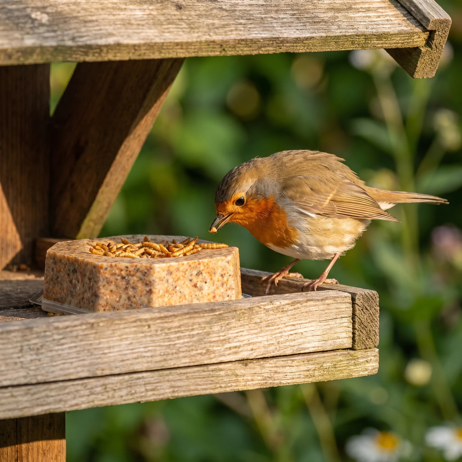 Roodborst eet van vetblok met meelwormen – The Bird Family