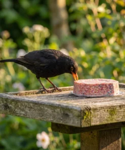 Merel eet van vetblok met vruchten – The Bird Family