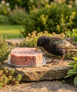 Spreeuw eet van vetblok met vruchten – The Bird Family