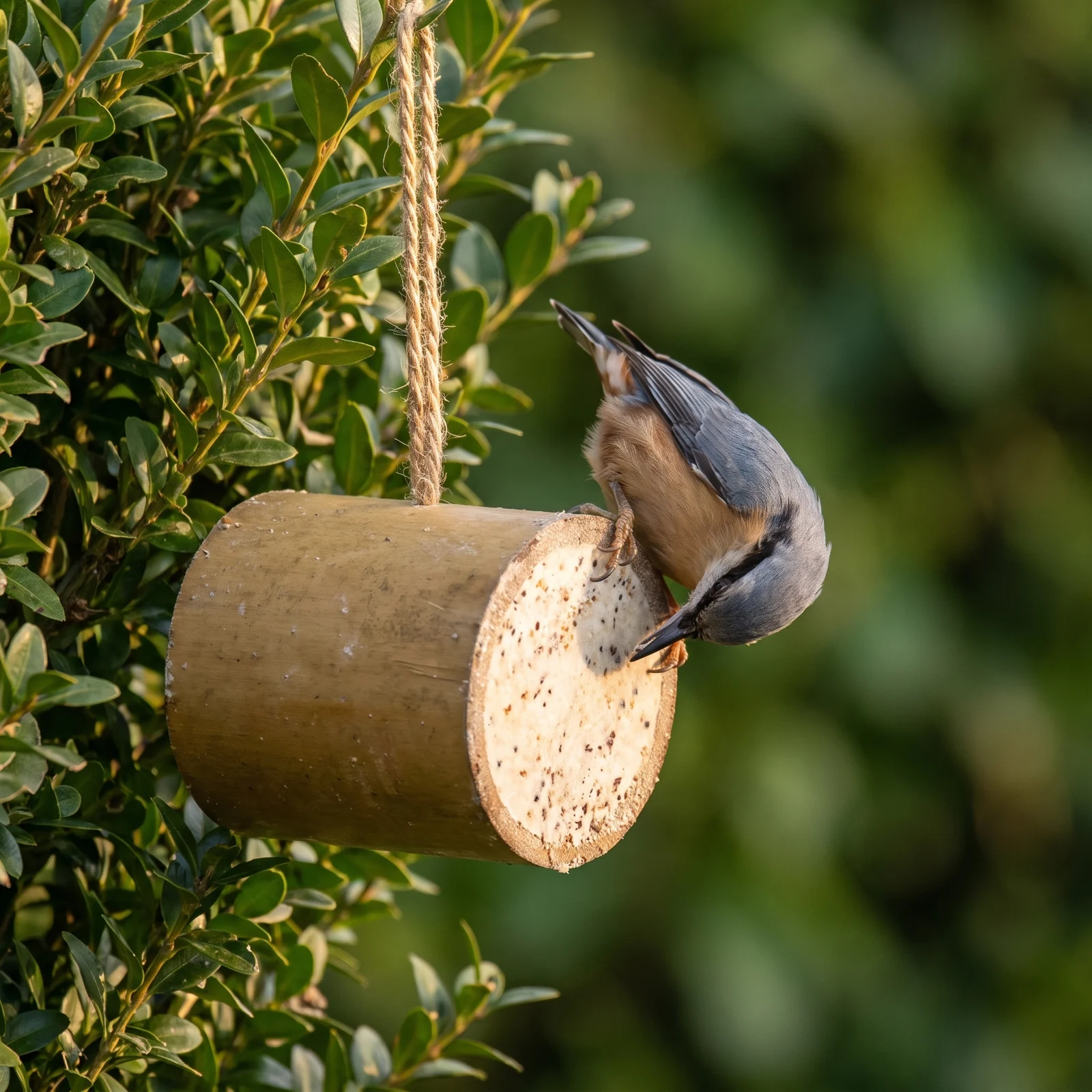 Boomklever eet uit bamboo feeder – The Bird Family