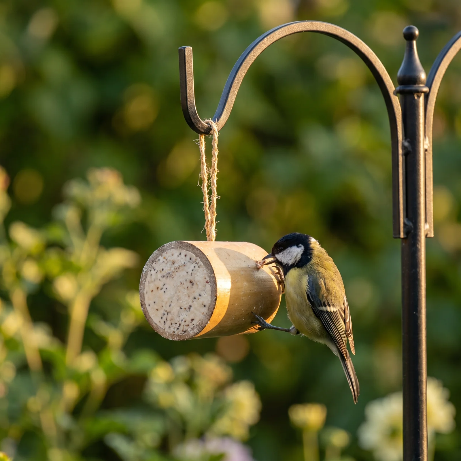 Koolmees eet uit bamboo feeder – The Bird Family