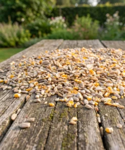 Strooivoer High Energy Plus op een voedertafel in de tuin – The Bird Family