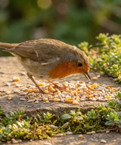 Roodborst eet strooivoer High Energy Plus met meelwormen – The Bird Family