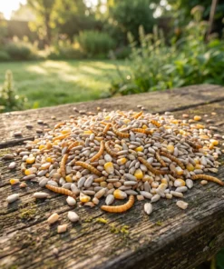 Strooivoer High Energy Plus met meelwormen op een voedertafel in de tuin – The Bird Family