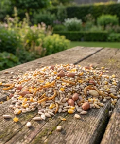 Strooivoer High Energy Plus met meelwormen en pinda's op een voedertafel in de tuin – The Bird Family