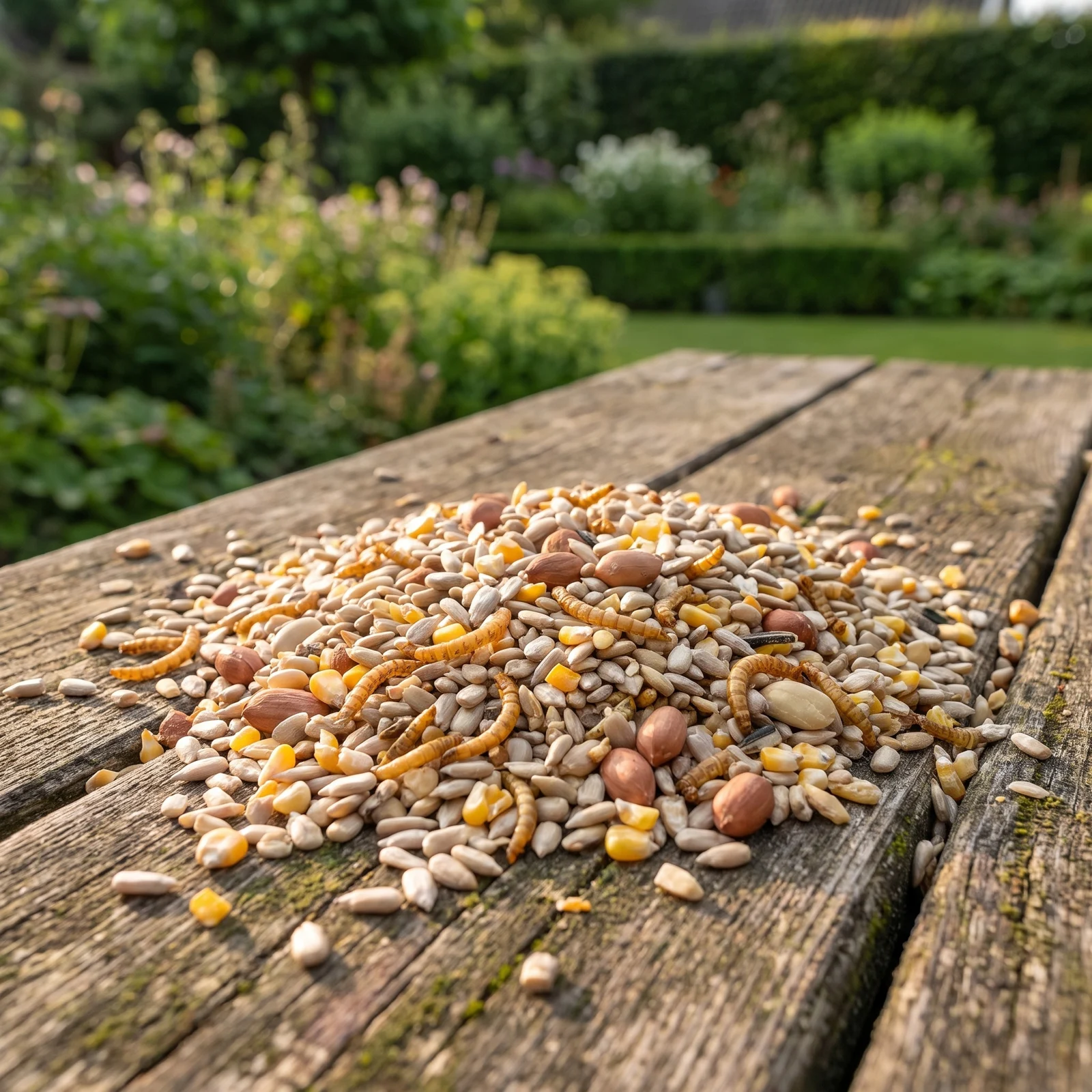 Strooivoer High Energy Plus met meelwormen en pinda's op een voedertafel in de tuin – The Bird Family