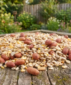 Strooivoer High Energy Plus met gepelde pinda's op een voedertafel in de tuin – The Bird Family